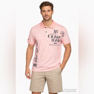 Camp David Men’s Large Peach Striped Graphic Polo Shirt Surf